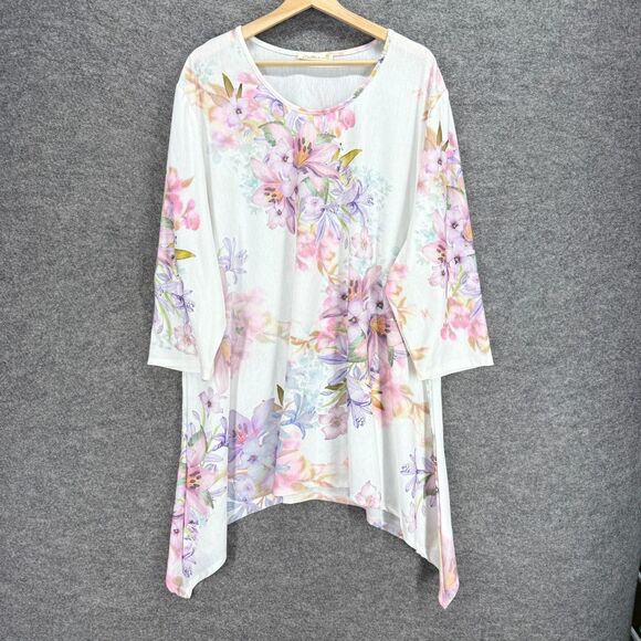 Cactus Top Women 2XL White Floral 3/4 Sleeve Round Nec Pullover Casual Comfort - Picture 1 of 7